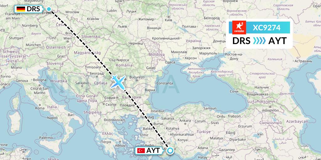 XC9274 Corendon Airlines Flight Map: Dresden to Antalya
