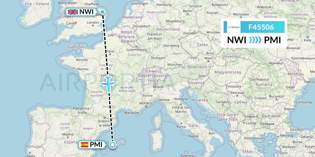 F45506 Air Flamenco Flight Map: Norwich to Palma de Mallorca