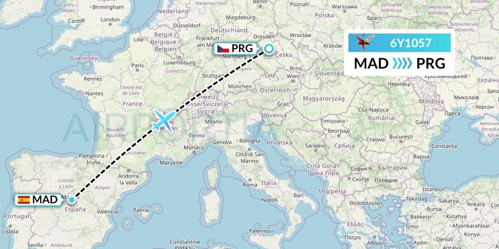 6Y1057 SmartLynx Flight Map: Madrid to Prague
