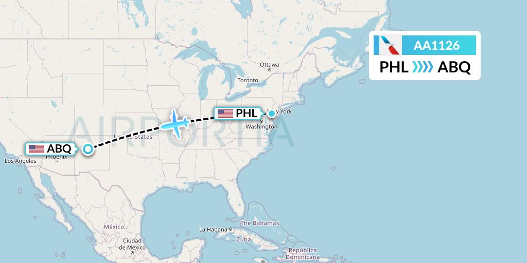 AA1126 American Airlines Flight Map: Philadelphia to Albuquerque