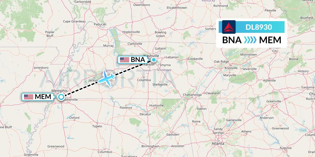 DL8930 Delta Air Lines Flight Map: Nashville to Memphis