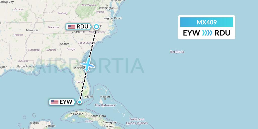 MX409 Breeze Airways Flight Map: Key West to Raleigh-Durham