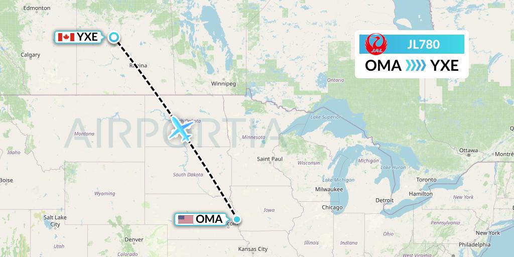 JL780 Japan Airlines Flight Map: Omaha to Saskatoon