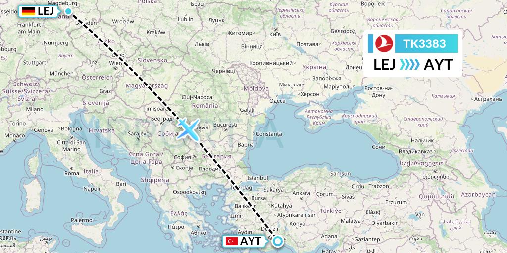 TK3383 Turkish Airlines Flight Map: Leipzig to Antalya