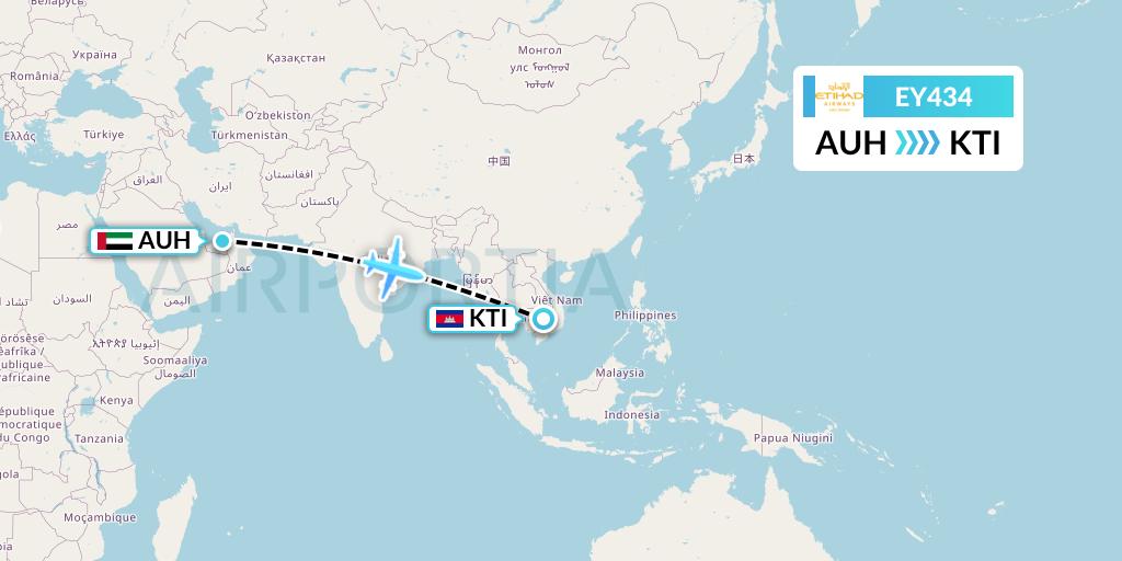 EY434 Etihad Airways Flight Map: Abu Dhabi to Kratie