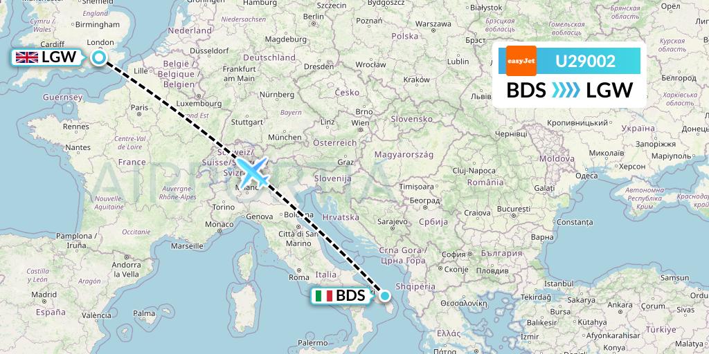 U29002 EasyJet Flight Map: Brindisi to London