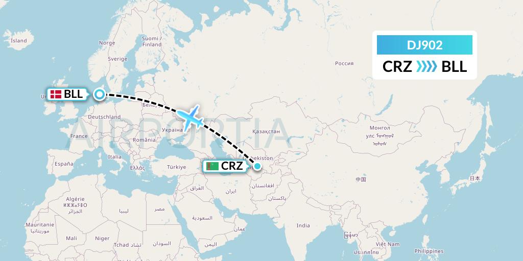 DJ902 Air Djibouti Flight Map: Turkmenabat to Billund