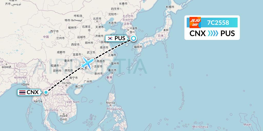 7C2558 Jeju Air Flight Map: Chiang Mai to Busan