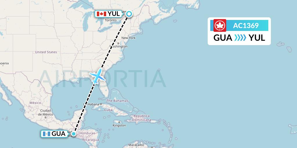 AC1369 Air Canada Flight Map: Guatemala City to Montreal