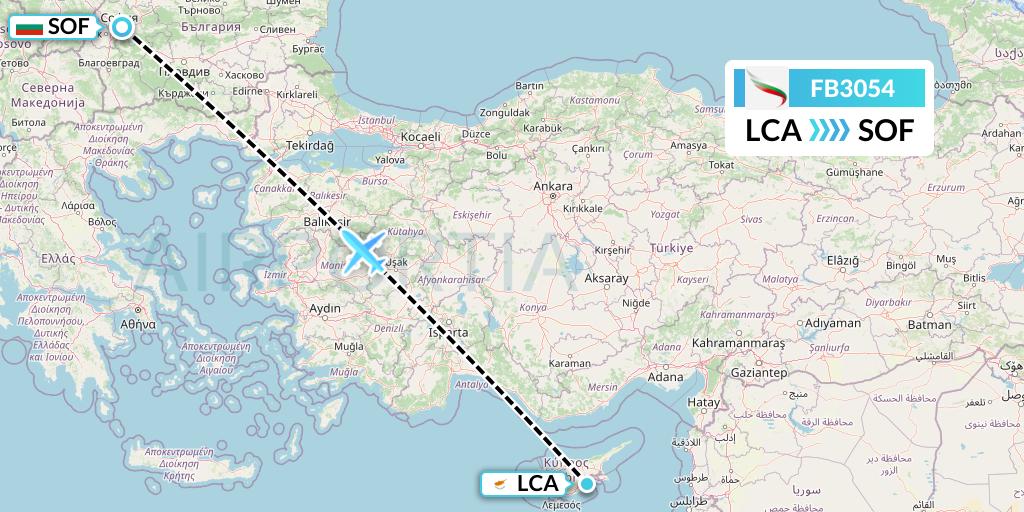 FB3054 Bulgaria Air Flight Map: Larnaca to Sofia