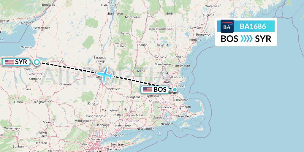 BA1686 British Airways Flight Map: Boston to Syracuse