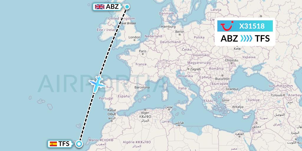 X31518 TUI fly Germany Flight Map: Aberdeen to Tenerife