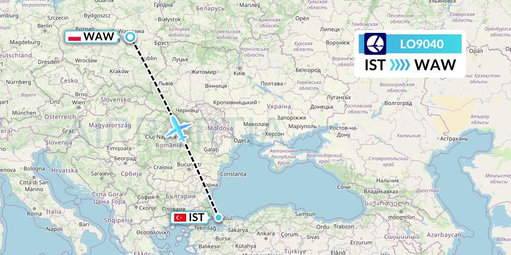 LO9040 LOT Flight Map: Istanbul to Warsaw
