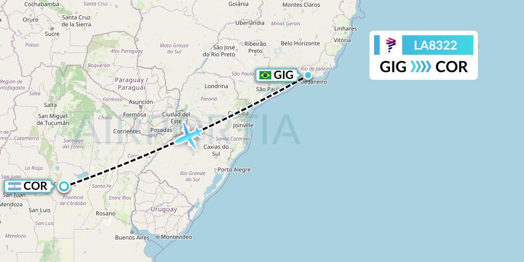 LA8322 LAN Airlines Flight Map: Rio de Janeiro to Cordoba
