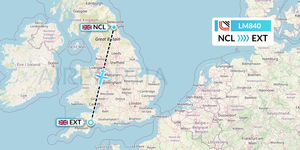 LM840 Loganair Flight Map: Newcastle to Exeter