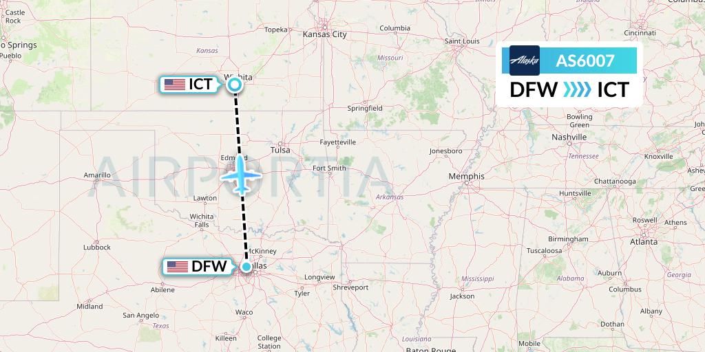 AS6007 Alaska Airlines Flight Map: Dallas to Wichita