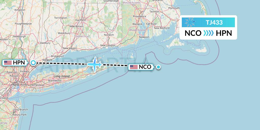 TJ433 Tradewind Aviation Flight Map: Quonset Point to White Plains