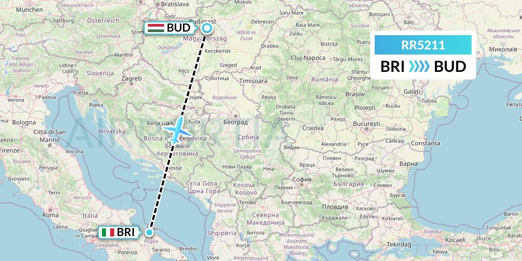 RR5211 Royal Air Force Flight Map: Bari to Budapest