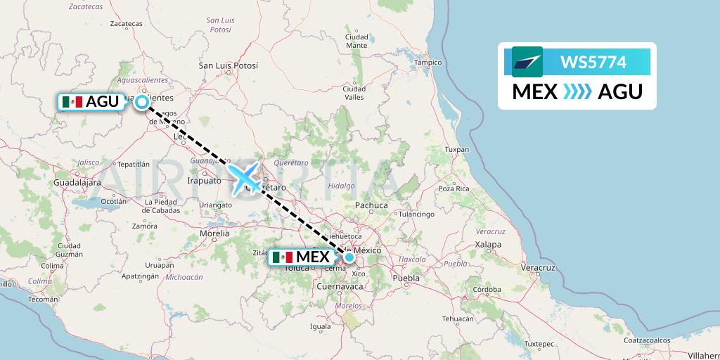 WS5774 WestJet Flight Map: Mexico City to Aguascalientes