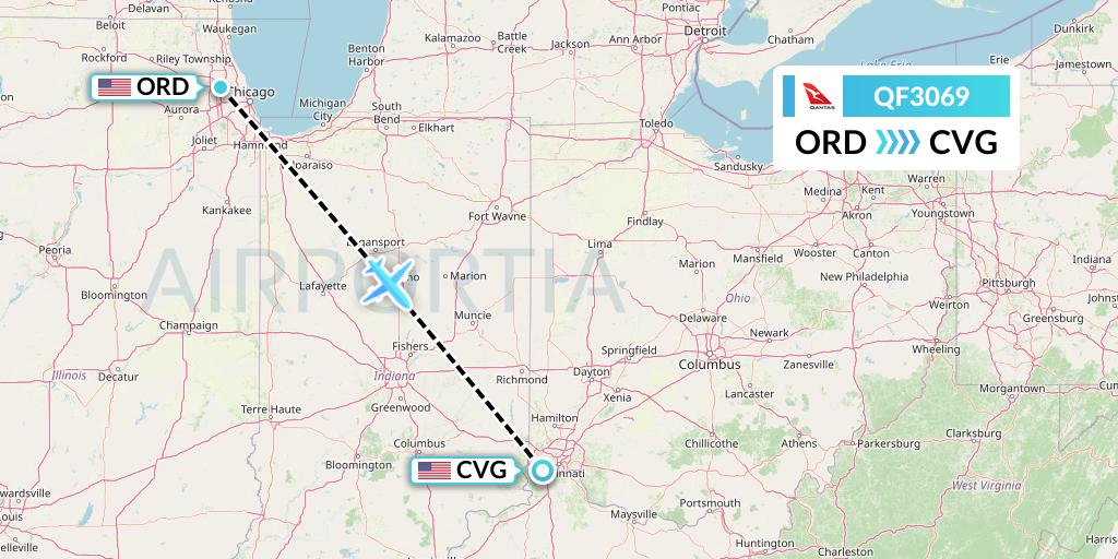 QF3069 Qantas Flight Map: Chicago to Cincinnati
