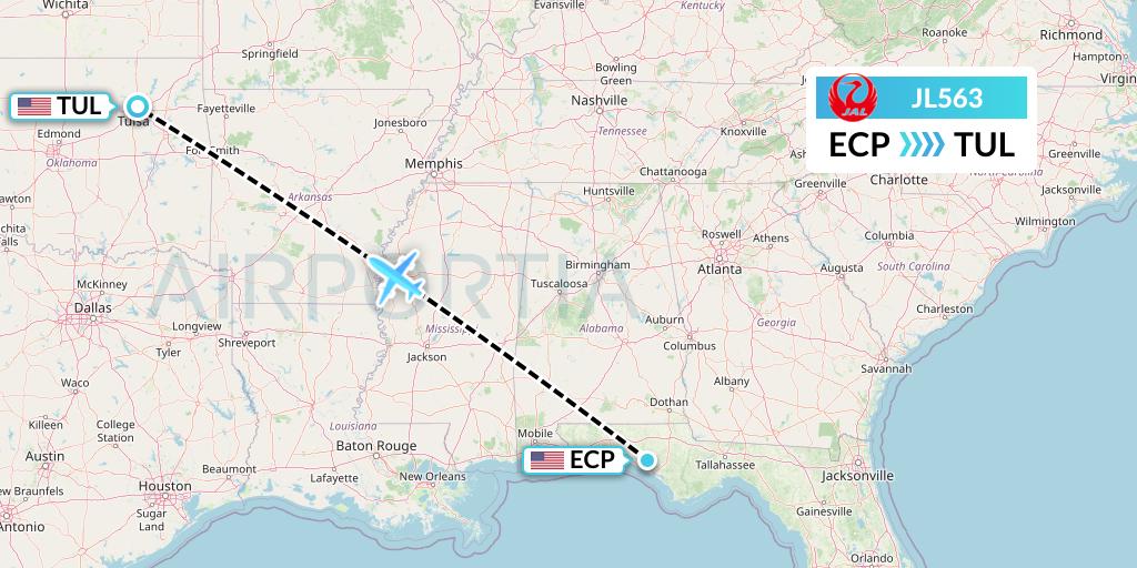 JL563 Japan Airlines Flight Map: Panama City to Tulsa