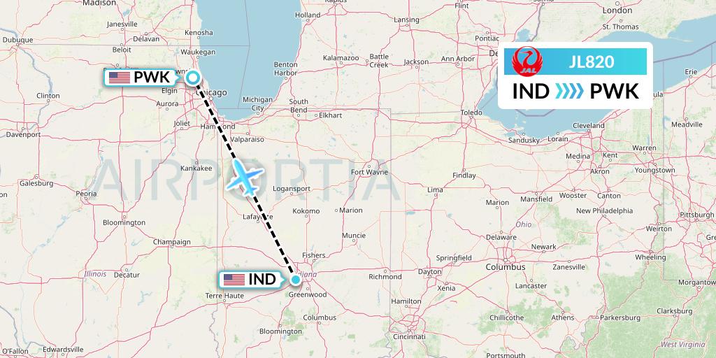 JL820 Japan Airlines Flight Map: Indianapolis to Chicago