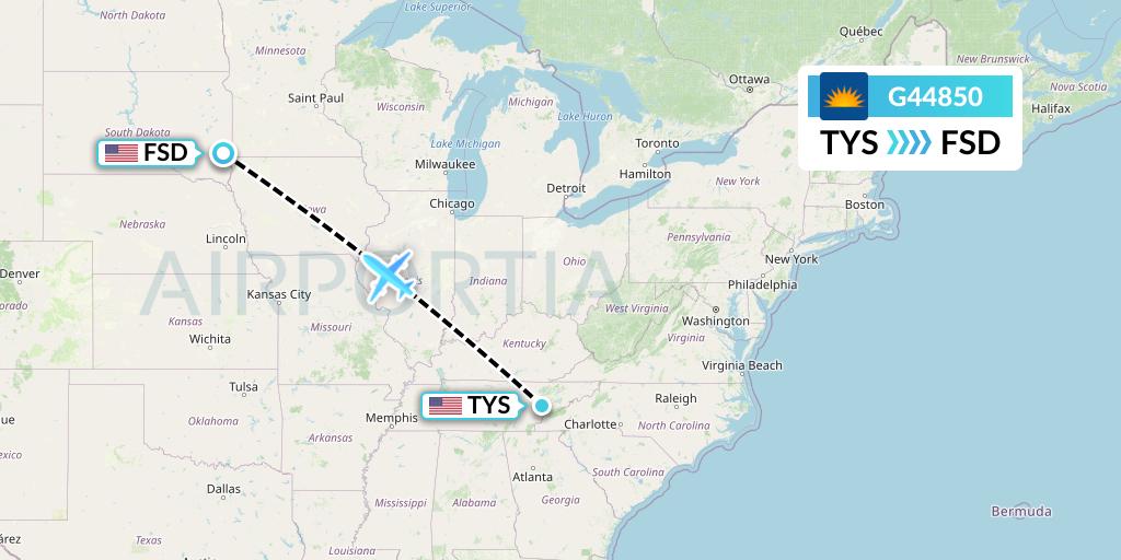 G44850 Allegiant Air Flight Map: Knoxville to Sioux Falls