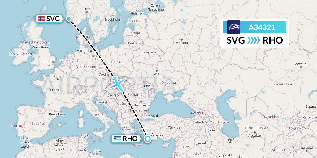 A34321 Aegean Airlines Flight Map: Stavanger to Rhodes