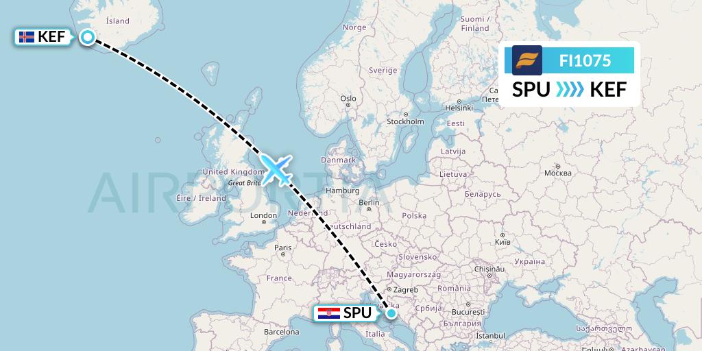 FI1075 Icelandair Flight Map: Split to Reykjavik