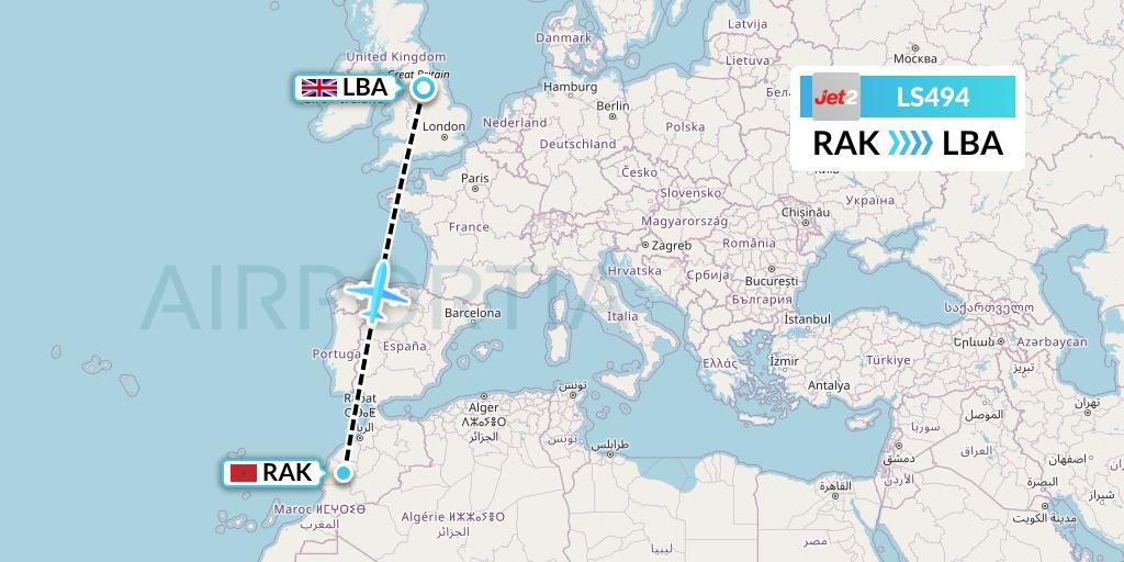 LS494 Jet2 Flight Map: Marrakesh to Leeds