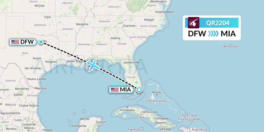 QR2204 Qatar Airways Flight Map: Dallas to Miami