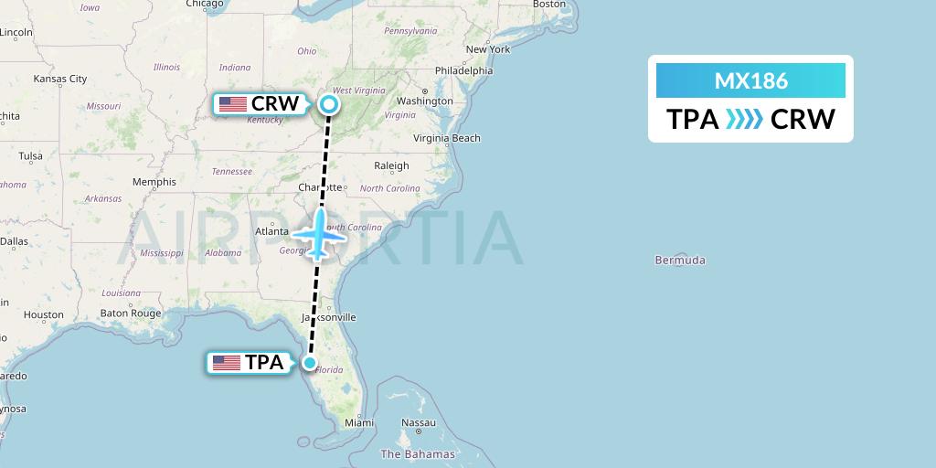 MX186 Breeze Airways Flight Map: Tampa to Charleston