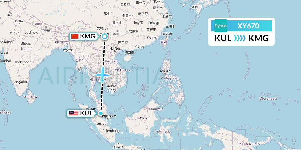XY670 Flynas Flight Map: Kuala Lumpur to Kunming