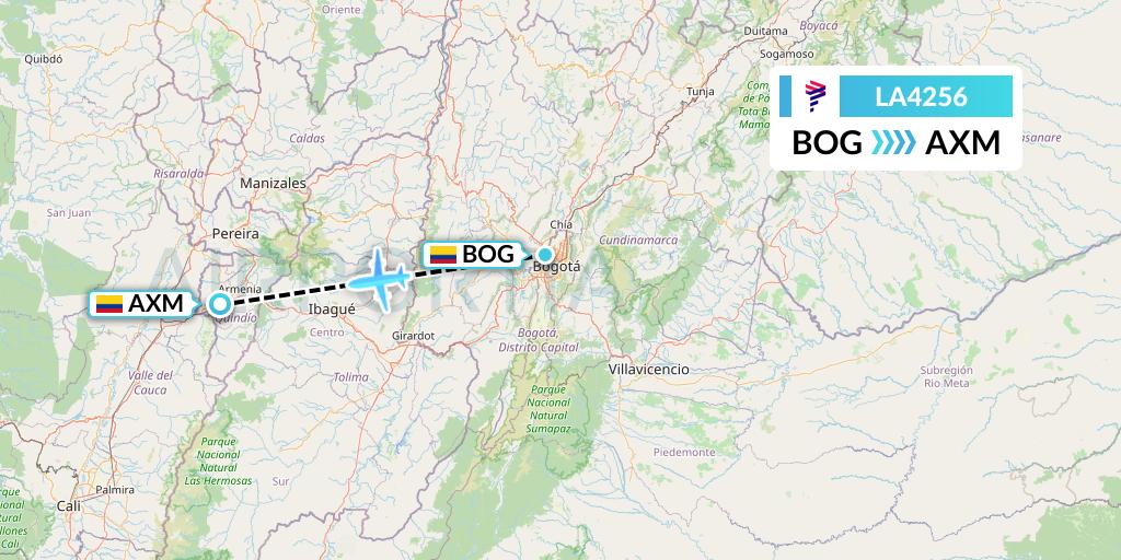 LA4256 LAN Airlines Flight Map: Bogota to Armenia