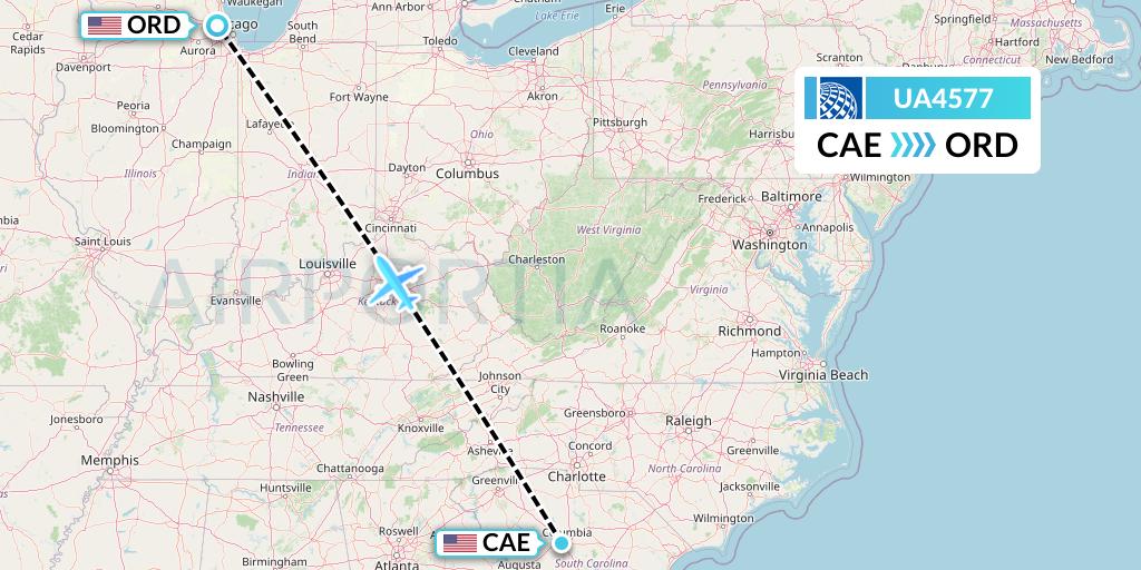 UA4577 United Airlines Flight Map: Columbia to Chicago