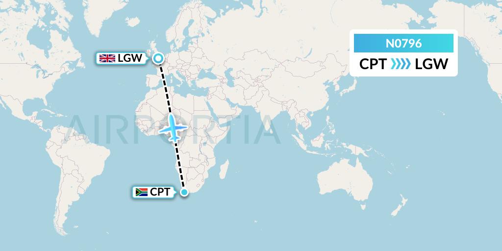 N0796 Norse Atlantic Airways Flight Map: Cape Town to London