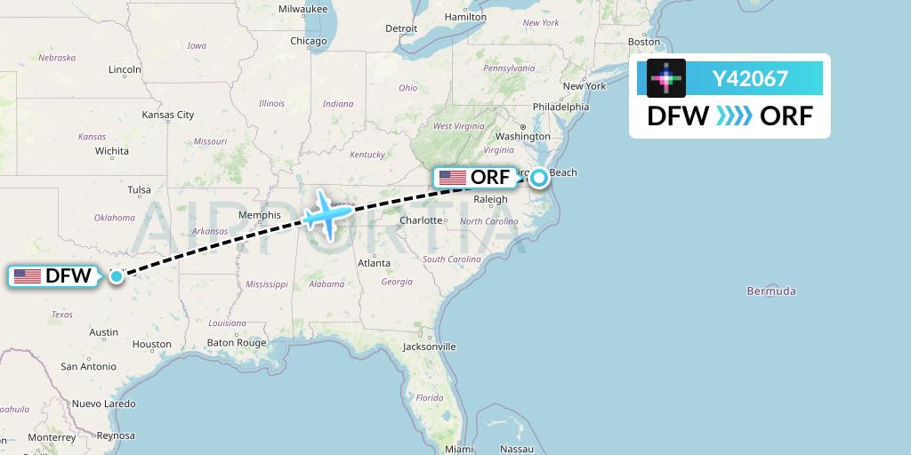 Y42067 Volaris Flight Map: Dallas to Norfolk