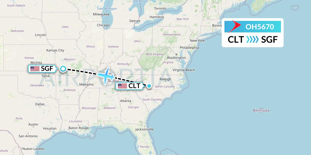 OH5670 PSA Airlines Flight Map: Charlotte to Springfield