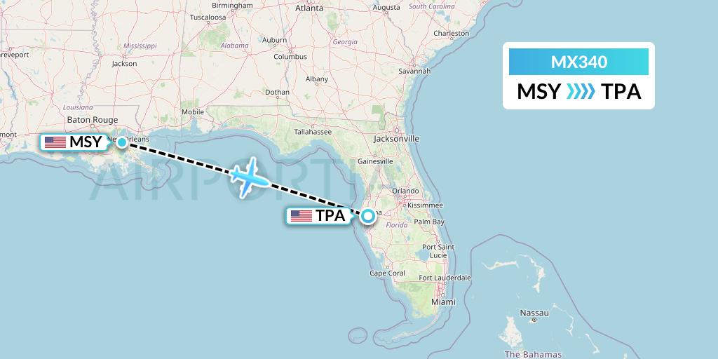 MX340 Breeze Airways Flight Map: New Orleans to Tampa