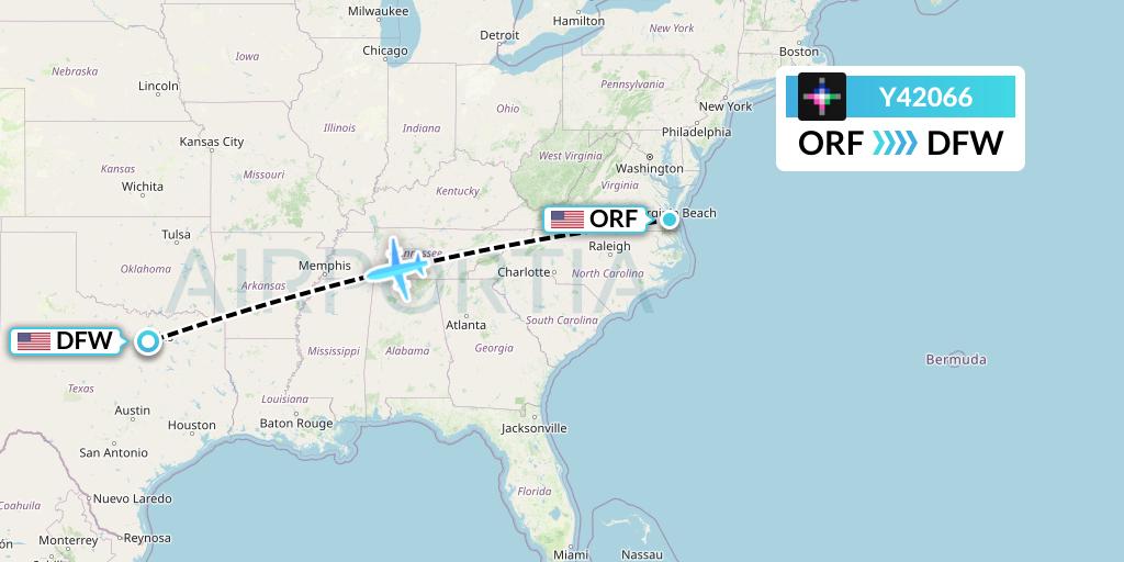 Y42066 Volaris Flight Map: Norfolk to Dallas