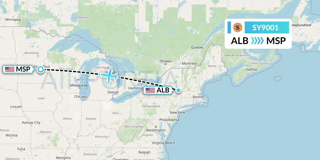 SY9001 Sun Country Airlines Flight Map: Albany to Minneapolis