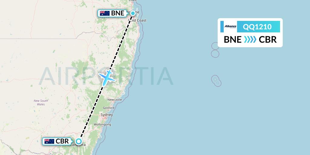 QQ1210 Alliance Airlines Flight Map: Brisbane to Canberra