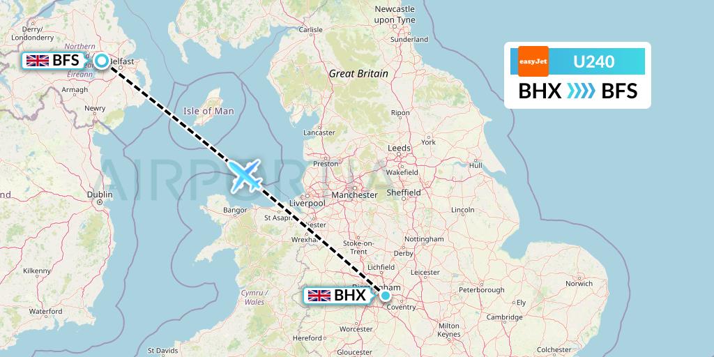 U240 EasyJet Flight Map: Birmingham to Belfast