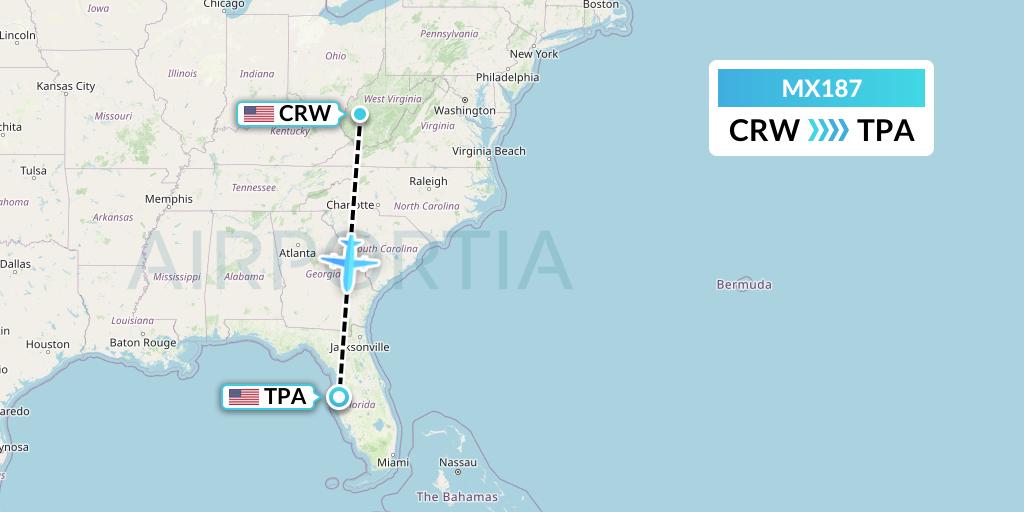 MX187 Breeze Airways Flight Map: Charleston to Tampa
