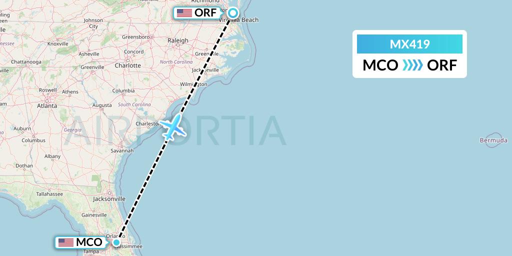 MX419 Breeze Airways Flight Map: Orlando to Norfolk