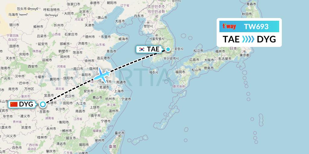 TW693 T'way Air Flight Map: Daegu to Dayong