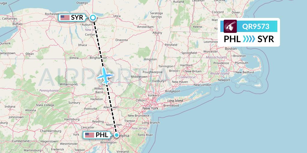 QR9573 Qatar Airways Flight Map: Philadelphia to Syracuse
