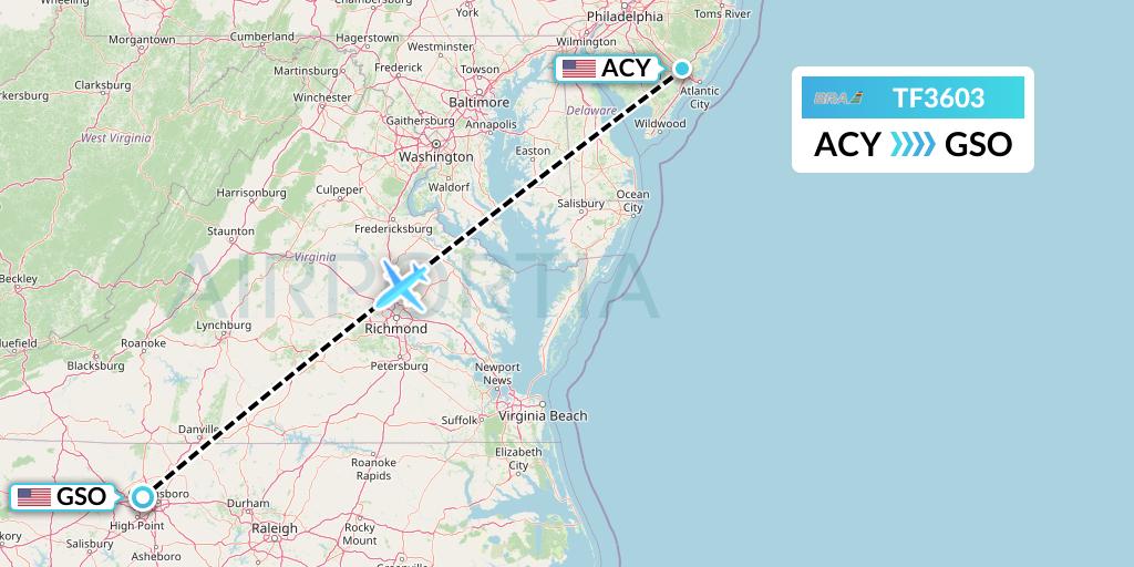 TF3603 Malmo Aviation Flight Map: Atlantic City to Greensboro