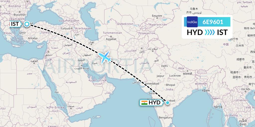 6E9601 IndiGo Airlines Flight Map: Hyderabad to Istanbul