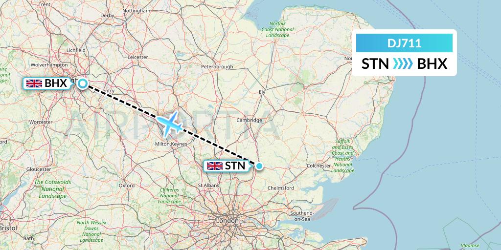 DJ711 Air Djibouti Flight Map: London to Birmingham